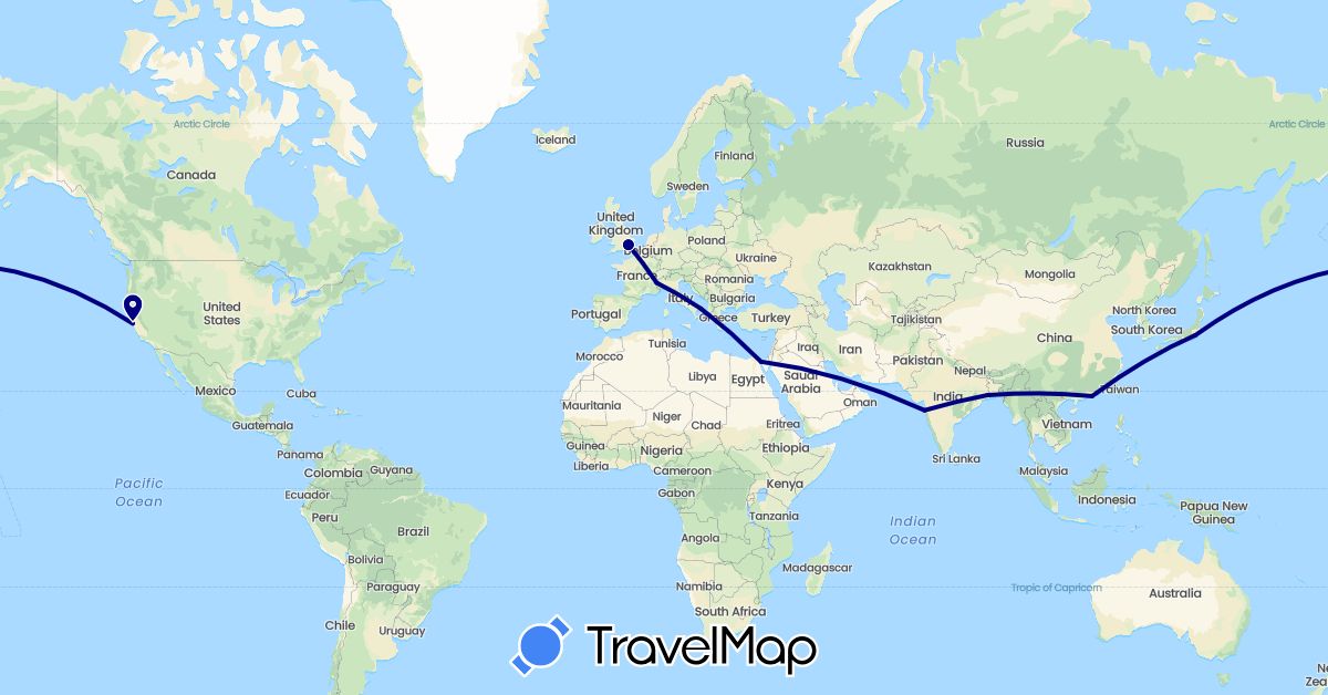 TravelMap itinerary: driving in China, Egypt, France, United Kingdom, India, Italy, Japan, United States (Africa, Asia, Europe, North America)